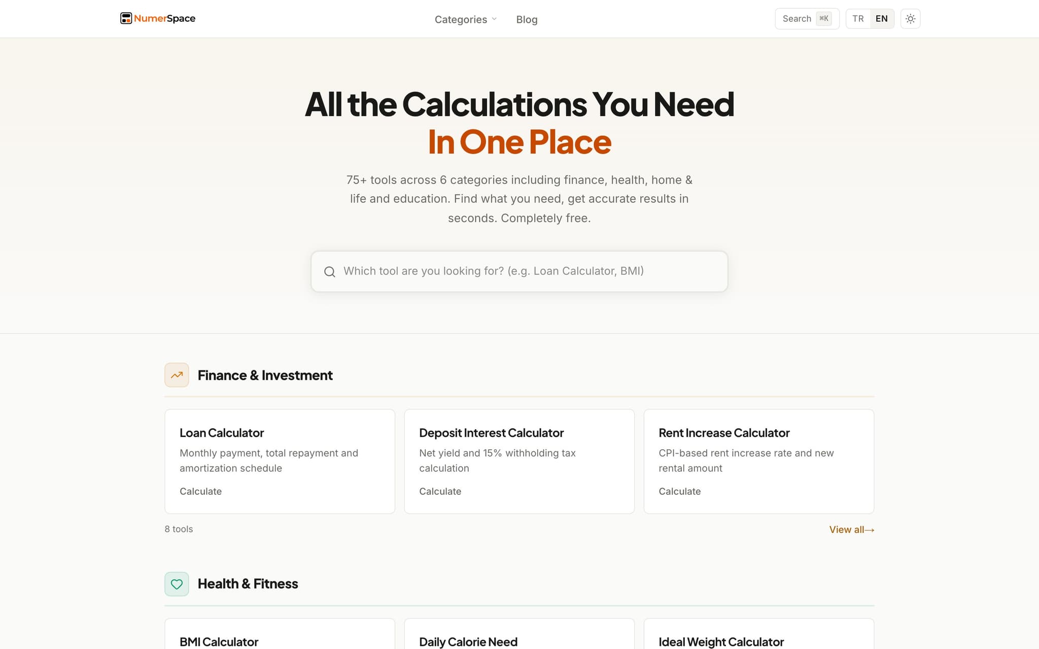 numerspace.com's homepage: a search field over category sections of calculator cards.