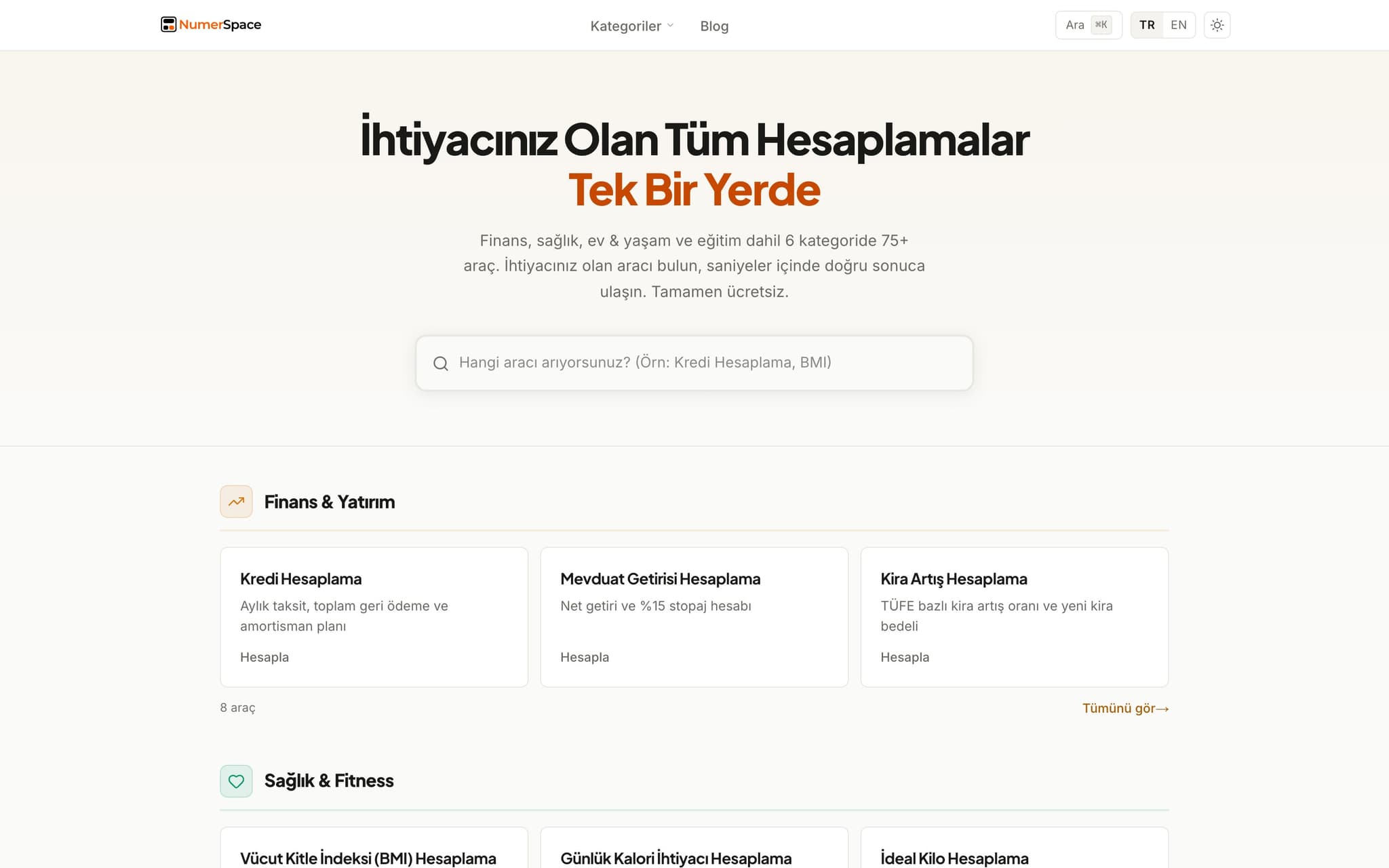 numerspace.com ana sayfası: hesaplayıcı kategorilerinin üstünde bir arama alanı.