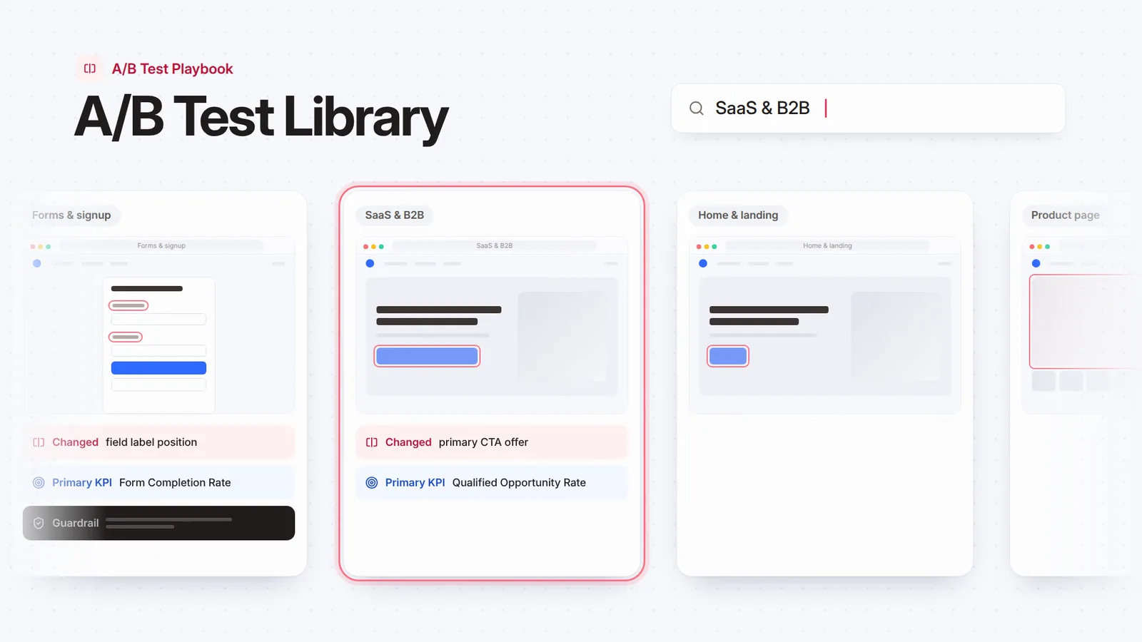 A/B test library examples, each with the changed element, primary KPI and a guardrail.